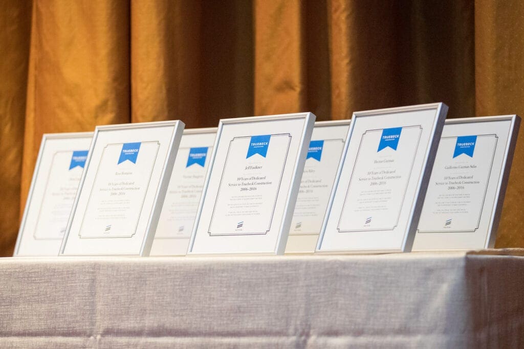 A table with several awards on it