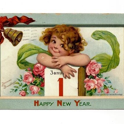 A vintage new year card with a little girl hugging the sign.