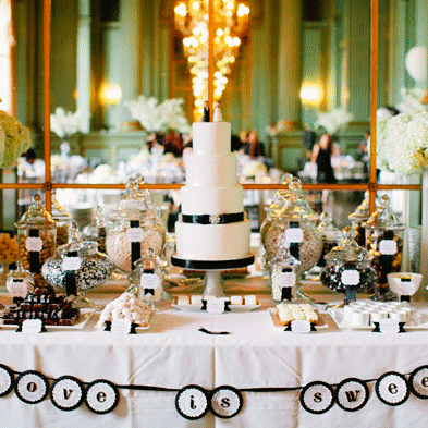 A table with a cake and many different candies